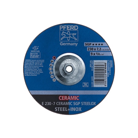 Pferd Grinding Wheel, 9" x 1/4", Type 27, 9 in Dia, 1/4 in Thick, 5/8 in-11 Arbor Hole Size 60067